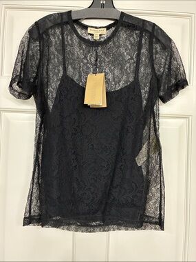 Burberry Black Lace Camisole with Sheer Lace Overlay Size 8 Retail Price $795